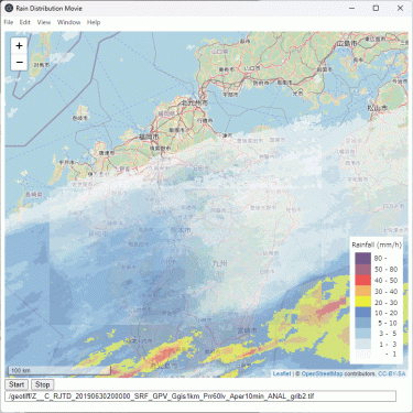 Leafletで時系列の複数GeoTIFFファイルの降雨分布データをアニメ表示する方法